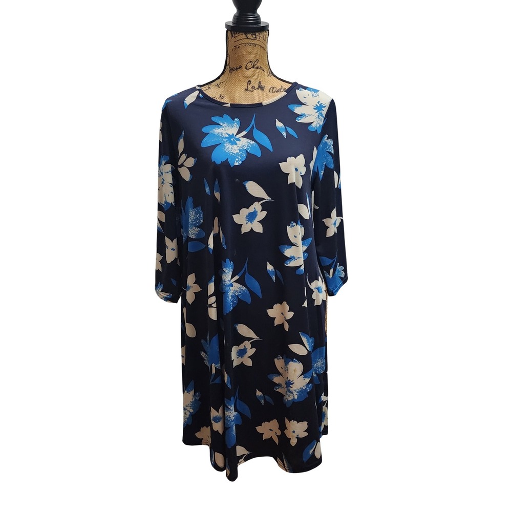 Heathmoor‎ XL Navy Blue Floral Print 3/4 Sleeve Casual Dress